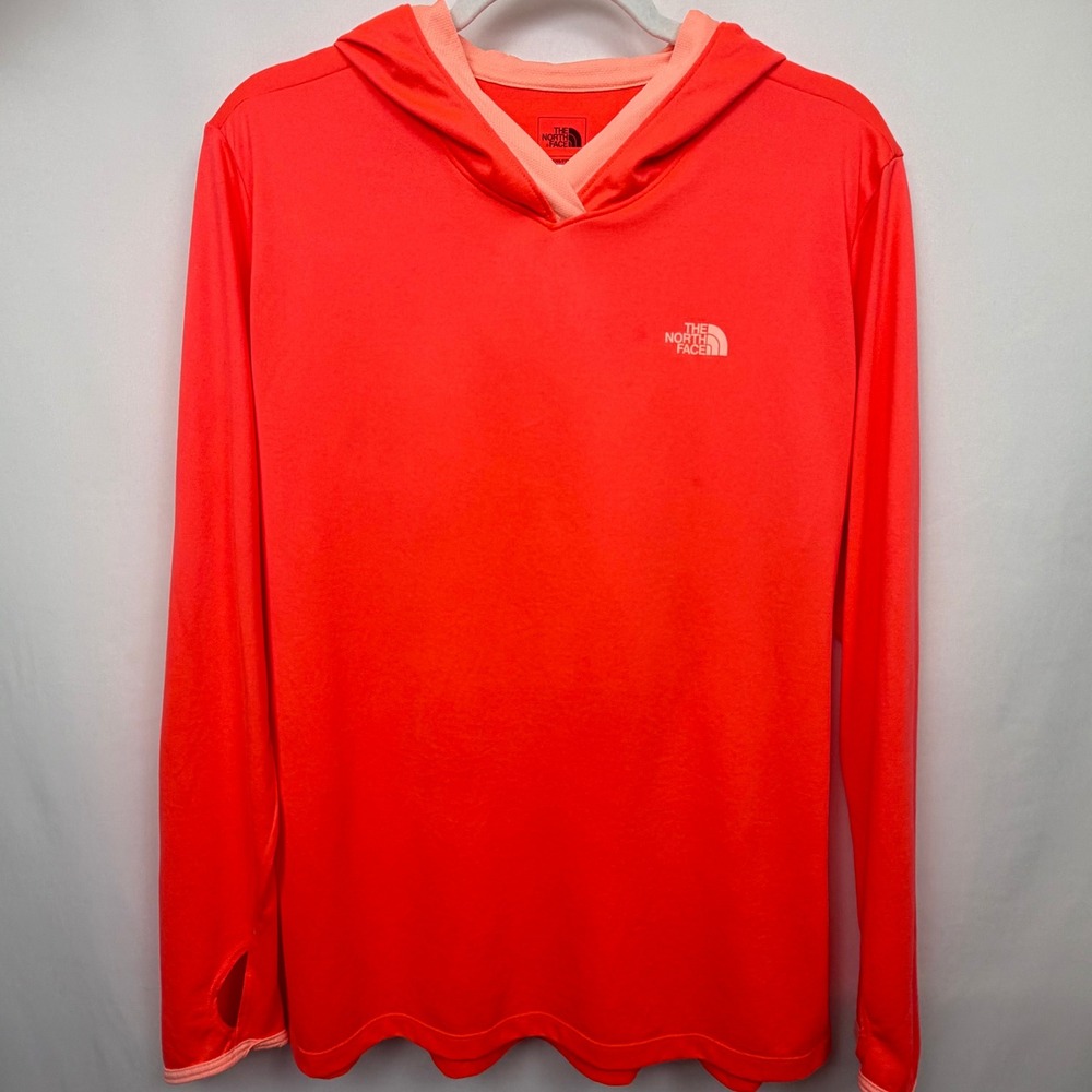 The North Face Womens XL FlashDry Hoodie Neon Orange Coral Long Sleeve Thumbhole
